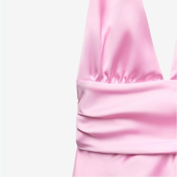 Zara Pink Satin Halter Mini Dress L Bow Waist A-Line Cocktail Party - Picture 4 of 16